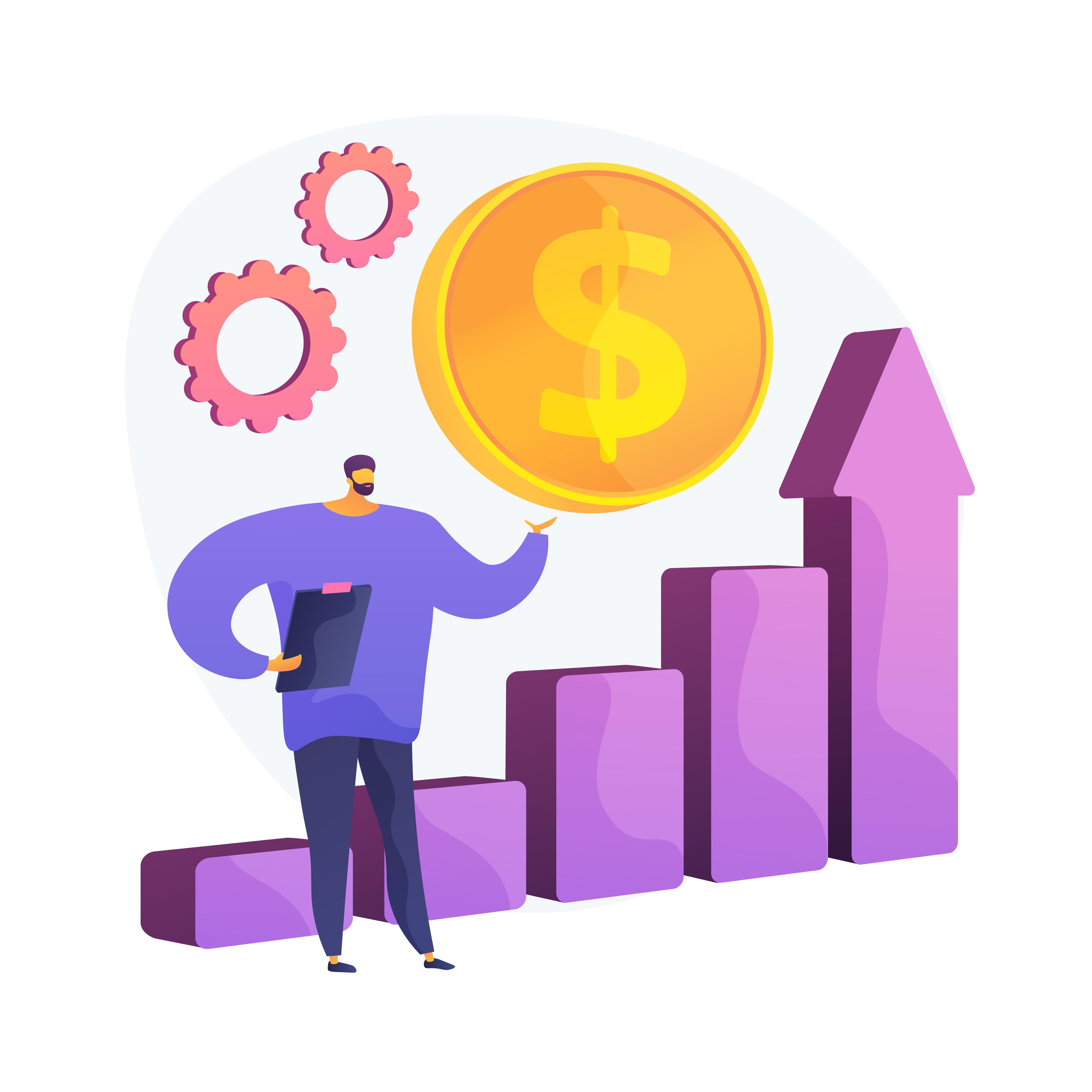 Illustration of a person holding a clipboard beside an upward revenue chart and dollar coin.