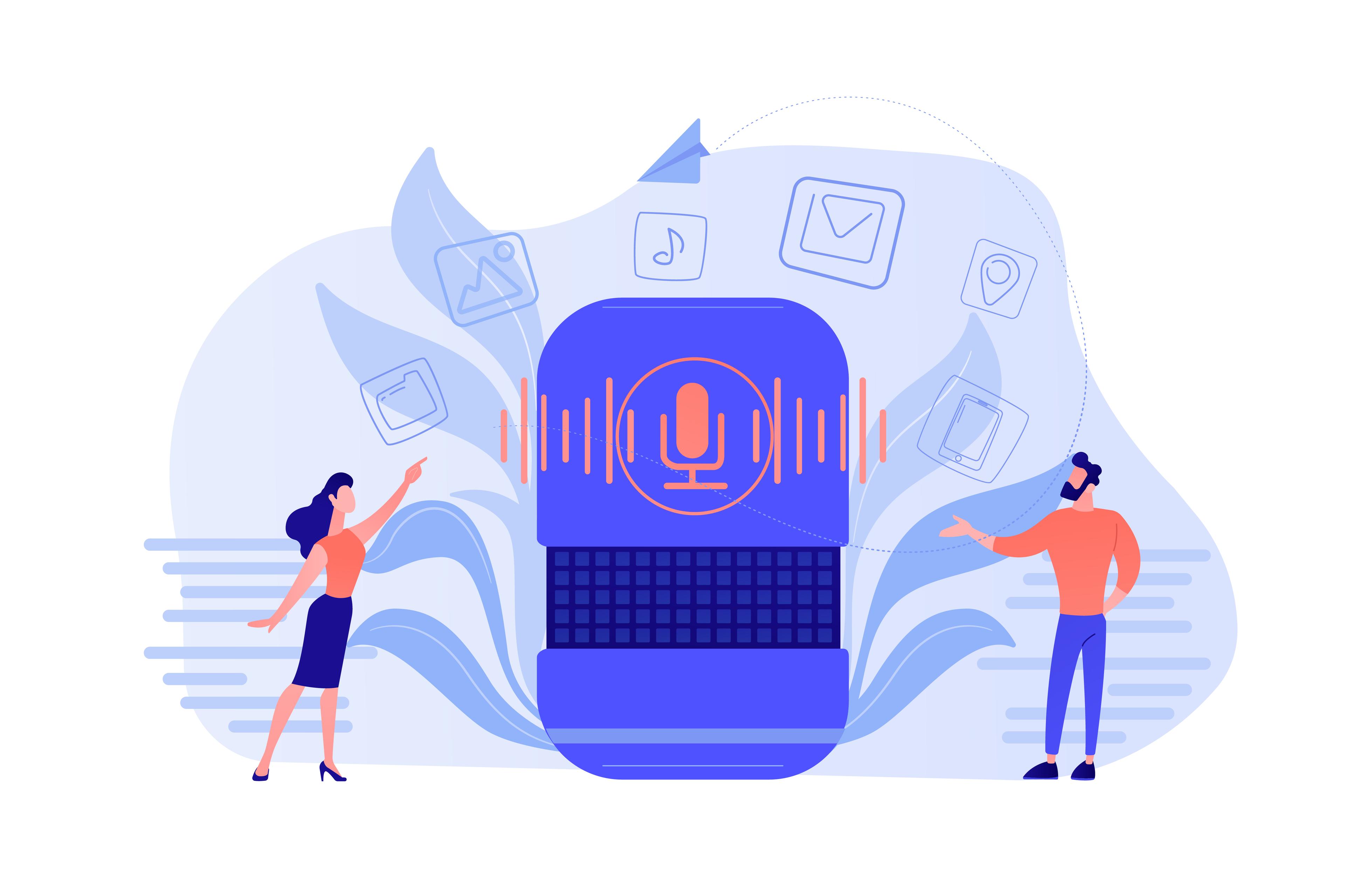 Illustration of a laptop with a microphone and sound waves between two people.