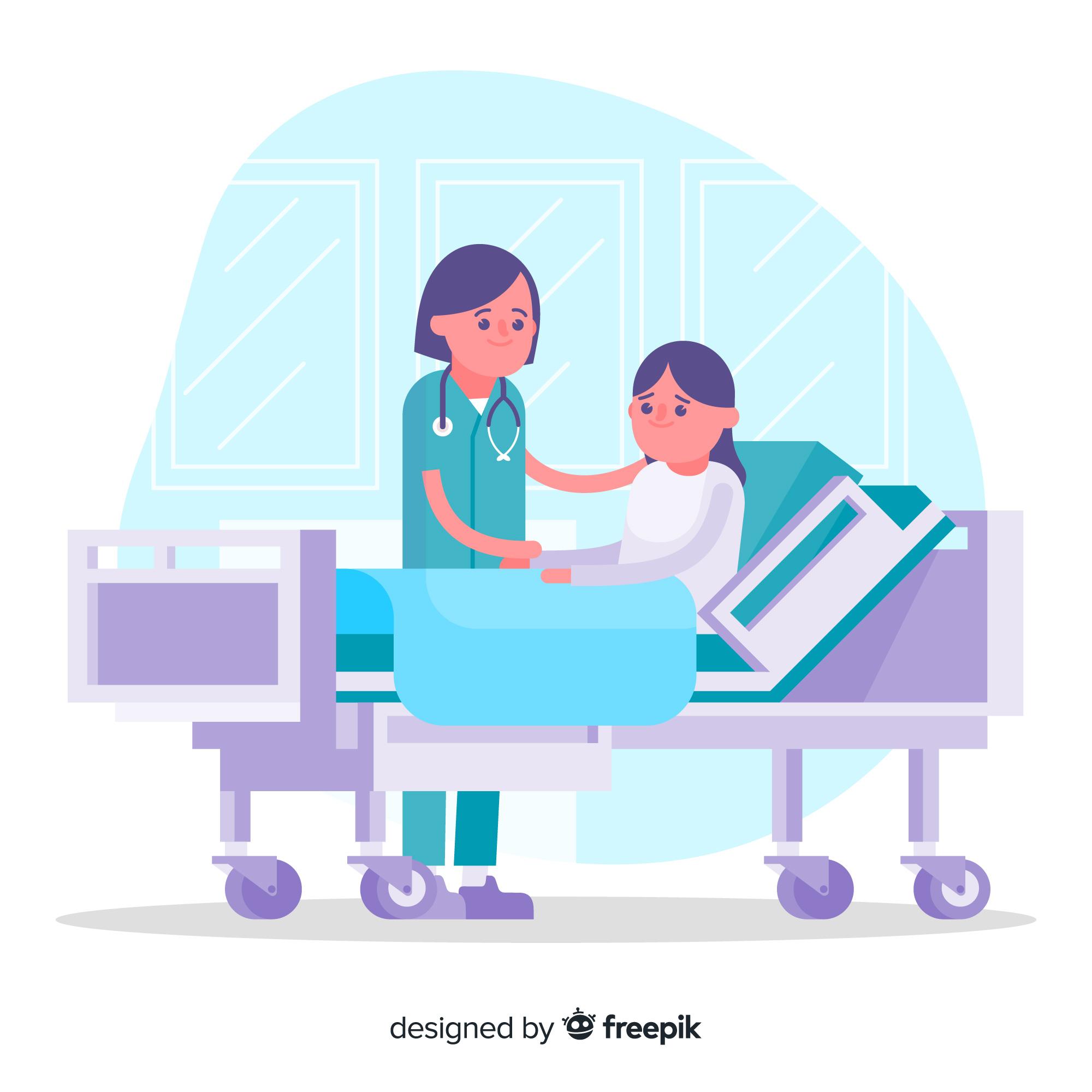 Illustration of a clinician supporting a patient in a hospital bed.