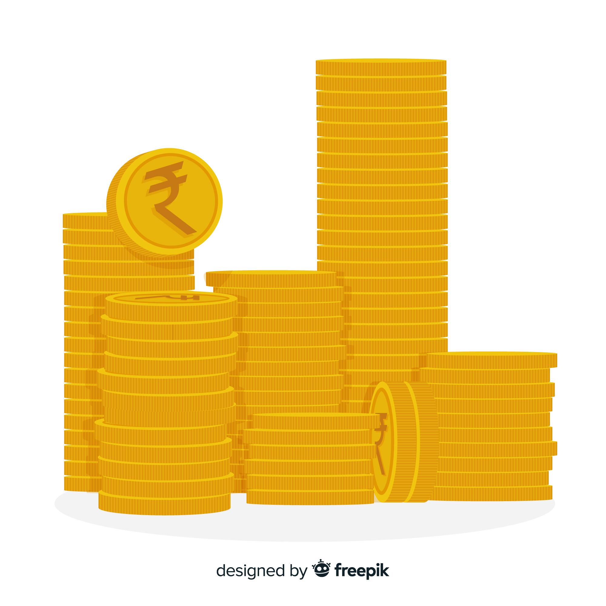 Illustration of stacked gold coins with rupee symbols.