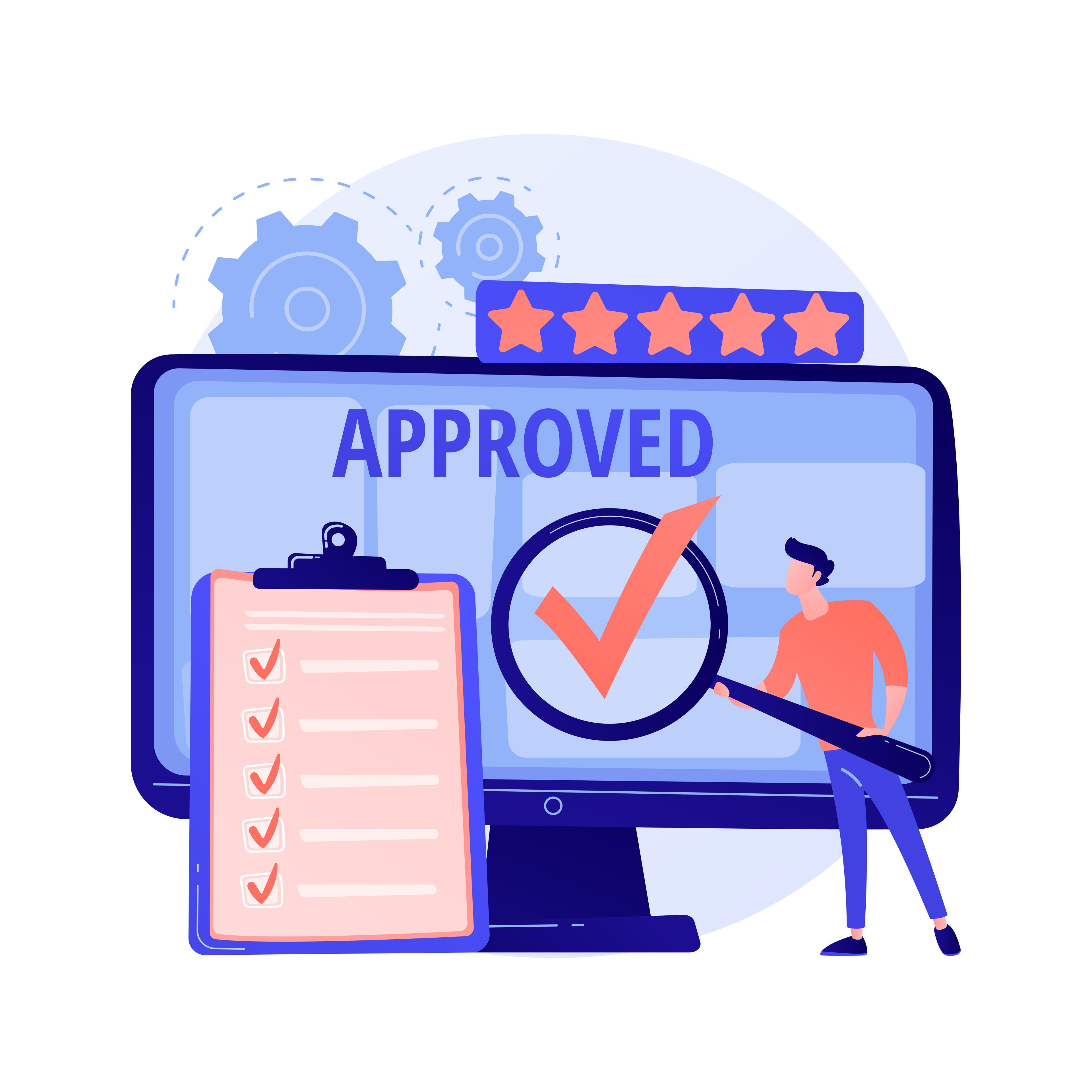 Illustration of an approved checklist on a monitor with a magnifying glass and five-star rating.