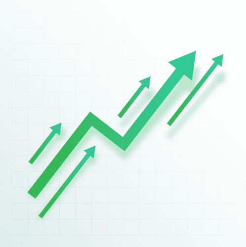 Green upward-trending arrows on a light grid.
