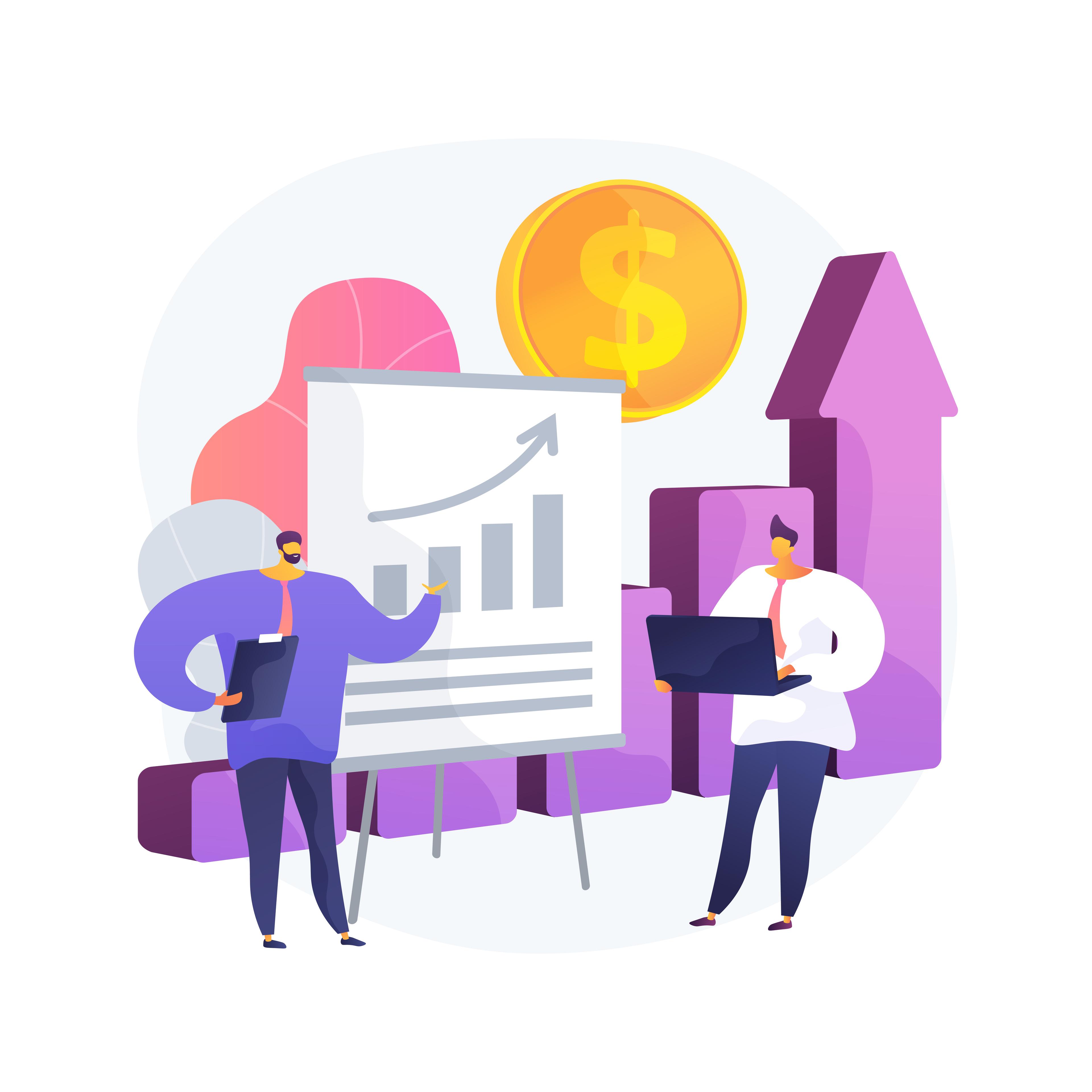 Illustration of two analysts reviewing an upward revenue chart with a coin and growth arrow.