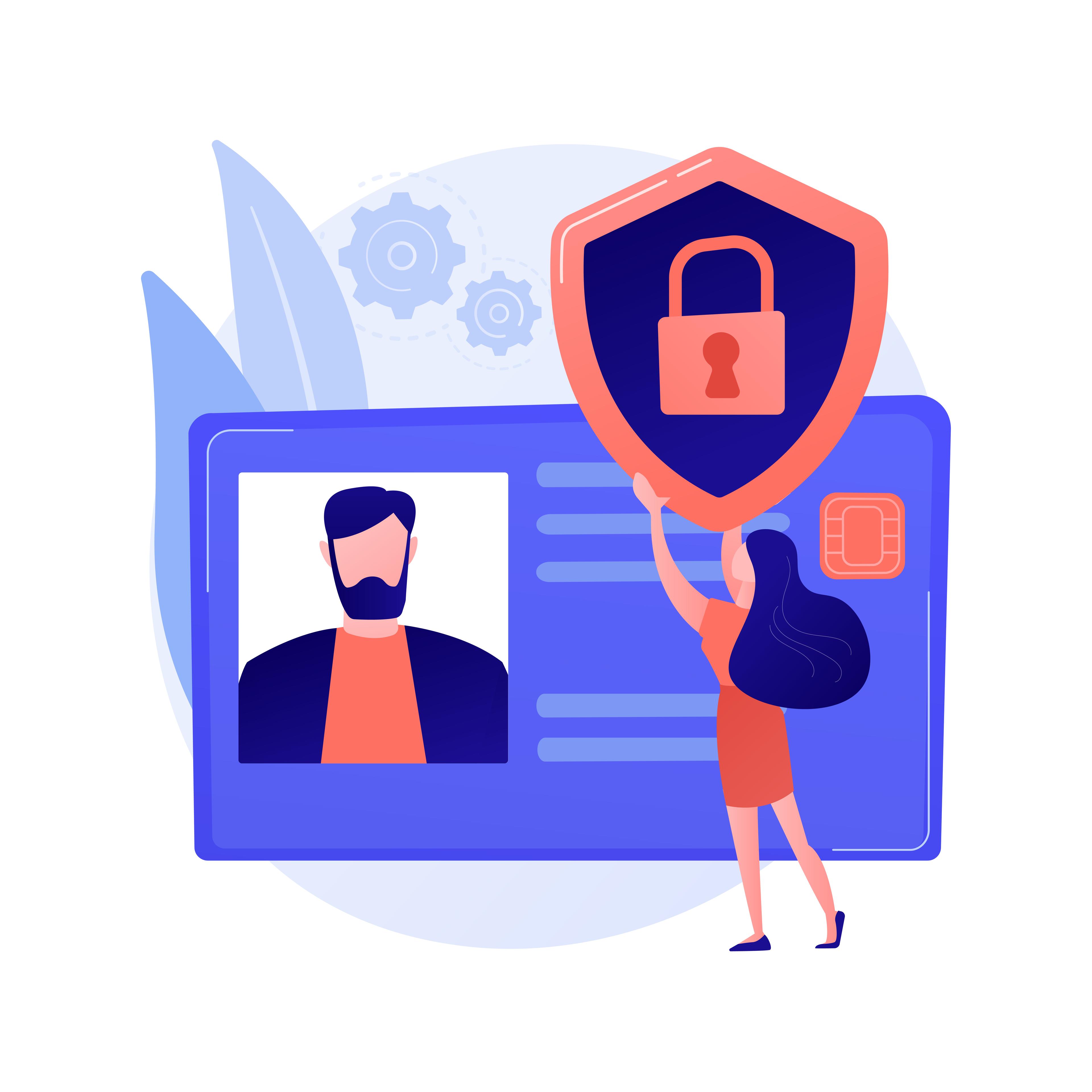 Illustration of secure healthcare verification records with a profile card and shield.