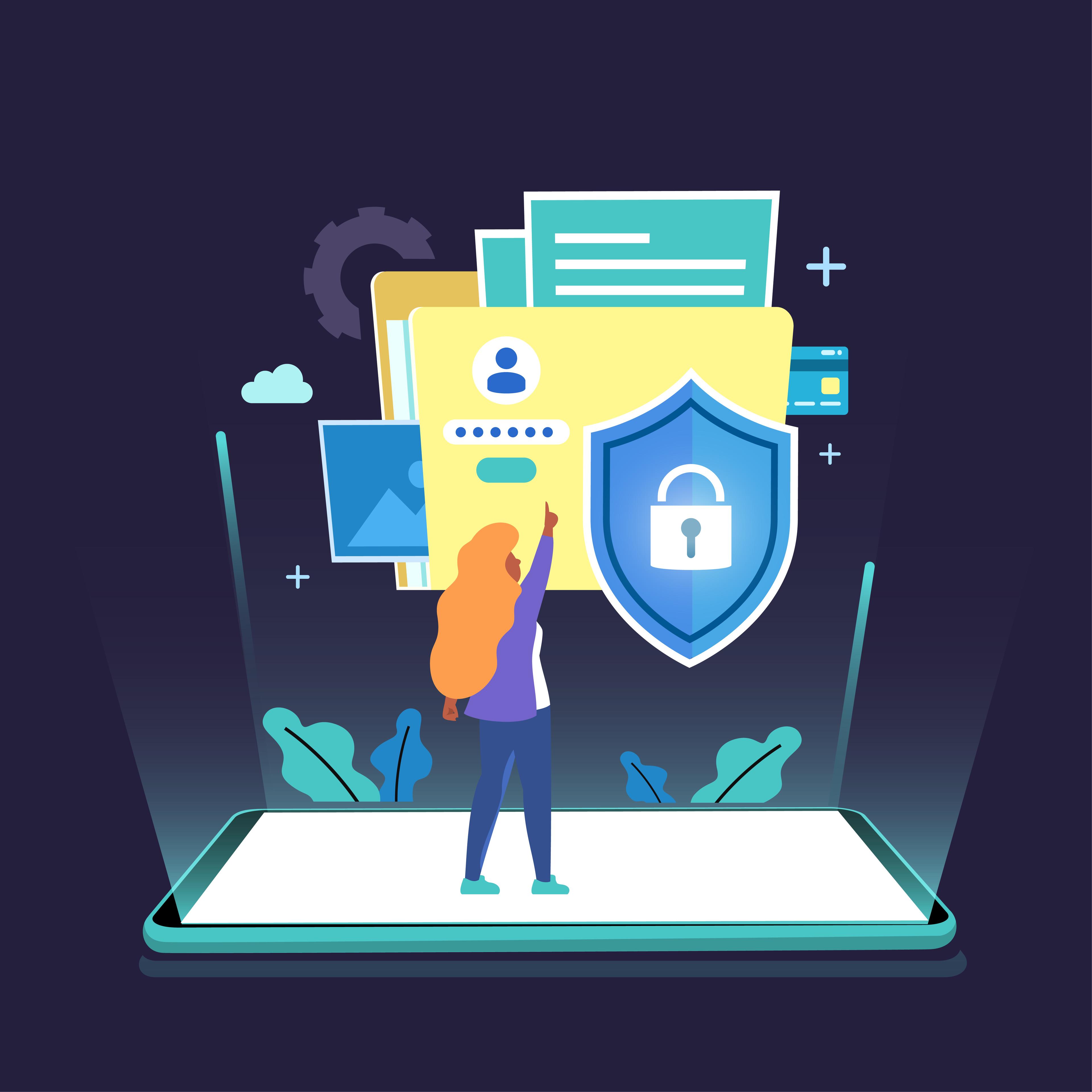 Abstract visualization of encrypted healthcare records with tenant-scoped storage, retention controls, and HIPAA privacy safeguards