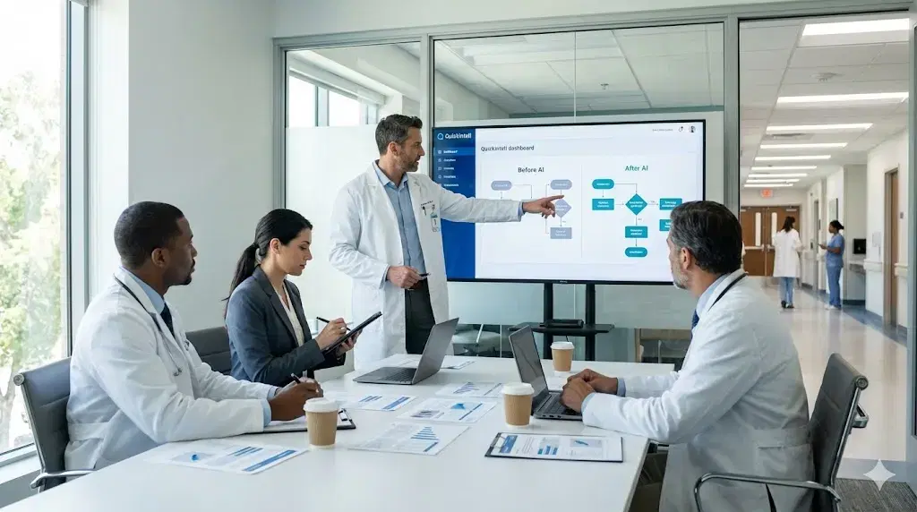 Healthcare professionals meeting at a conference table