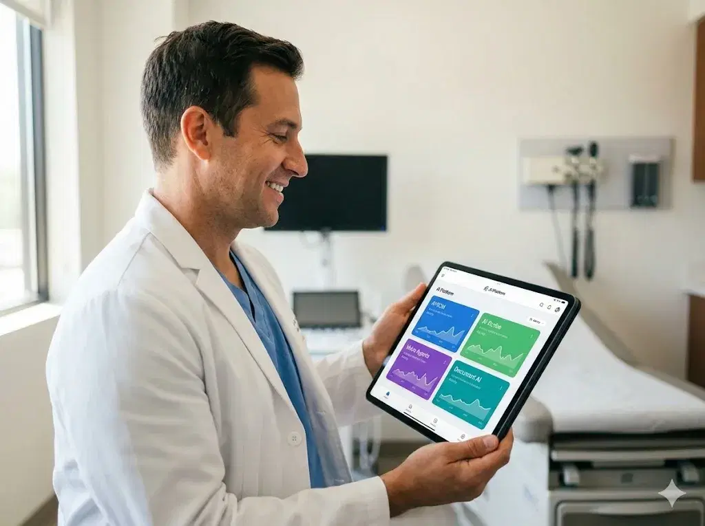 Doctor using a tablet in a clinical setting