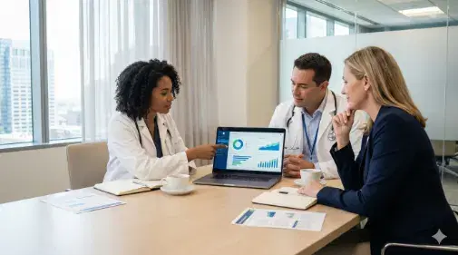 Clinicians discussing psychology practice workflows at a laptop