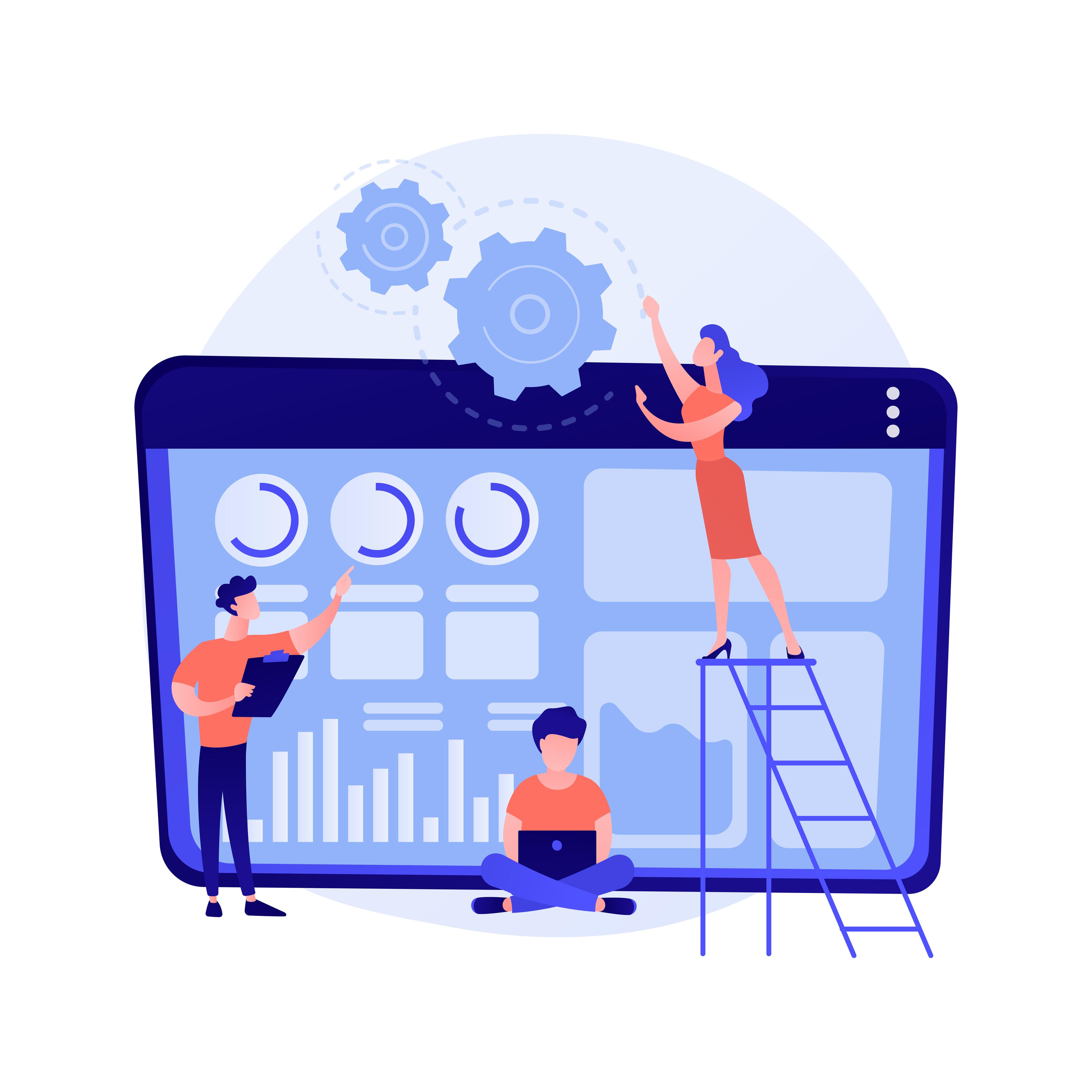 Flat vector illustration of programmers modernizing software on computer screens