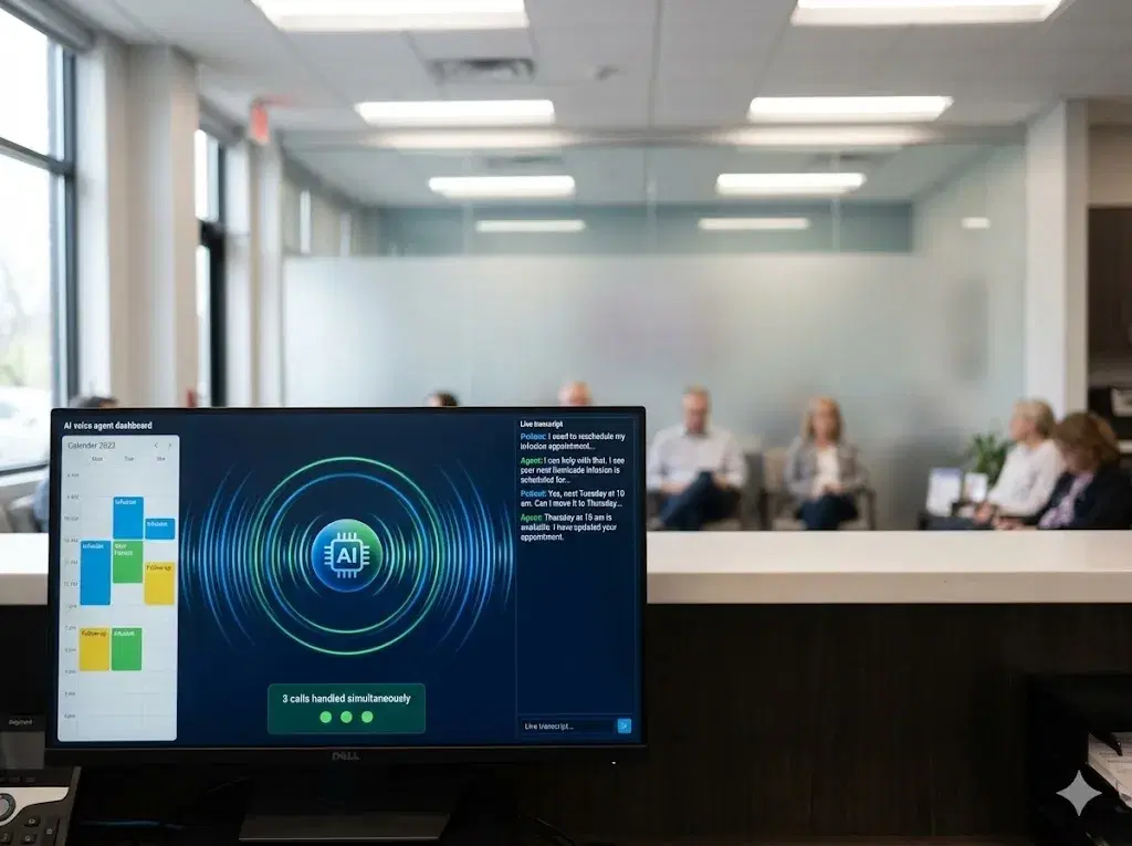 Support agent wearing a headset at a workstation