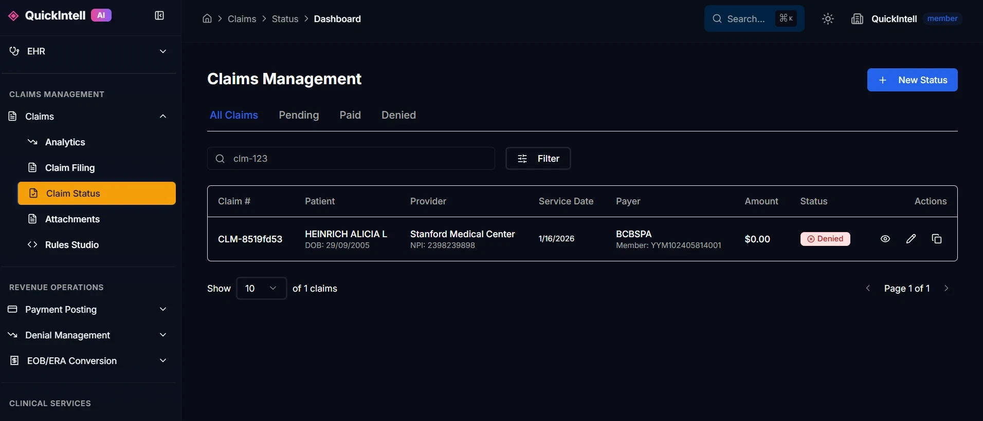 QuickIntell Claims Status Dashboard QuickIntell claims status dashboard showing claim counts, aging summaries, and payer status trends