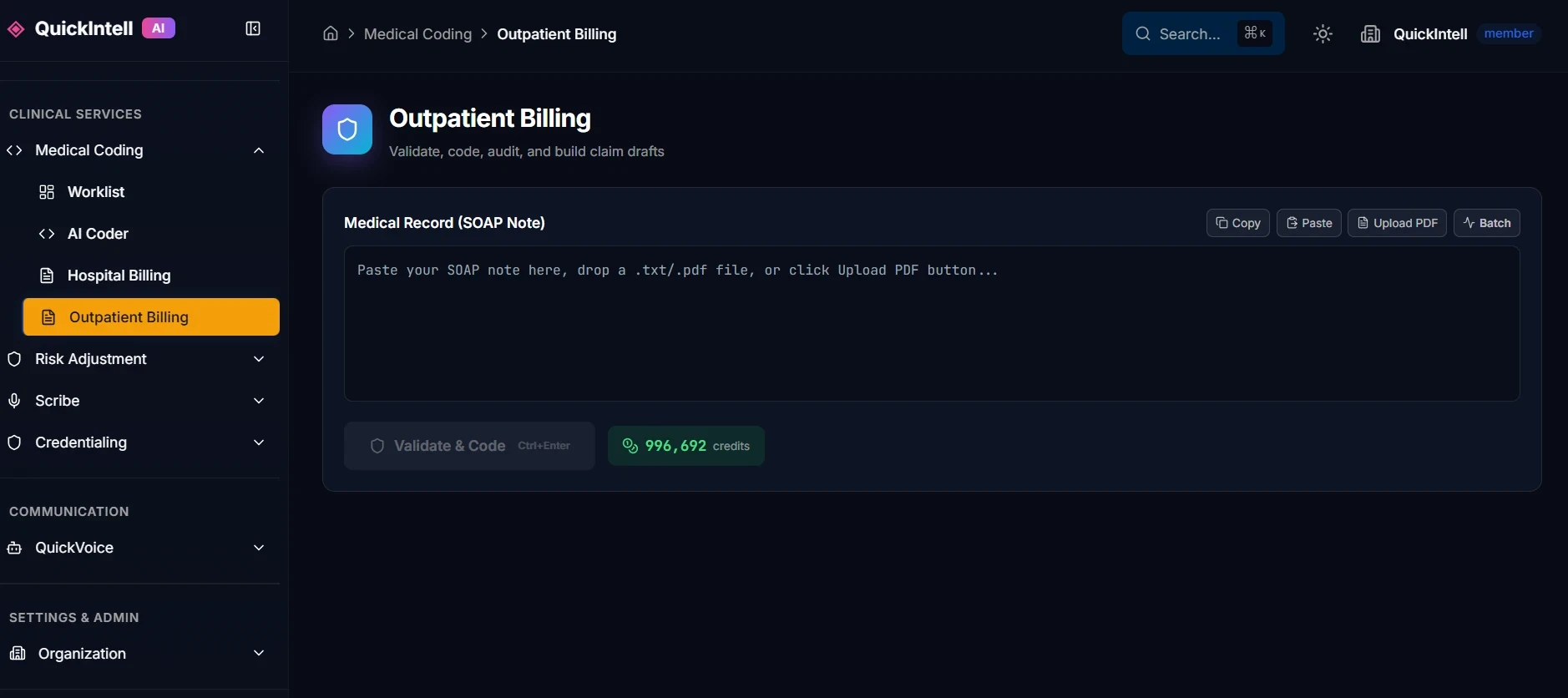 QuickCode Outpatient Billing Coding View QuickCode AI medical coding interface — outpatient billing view with ICD-10 and CPT code auto-suggestions, confidence scores, and clinical documentation