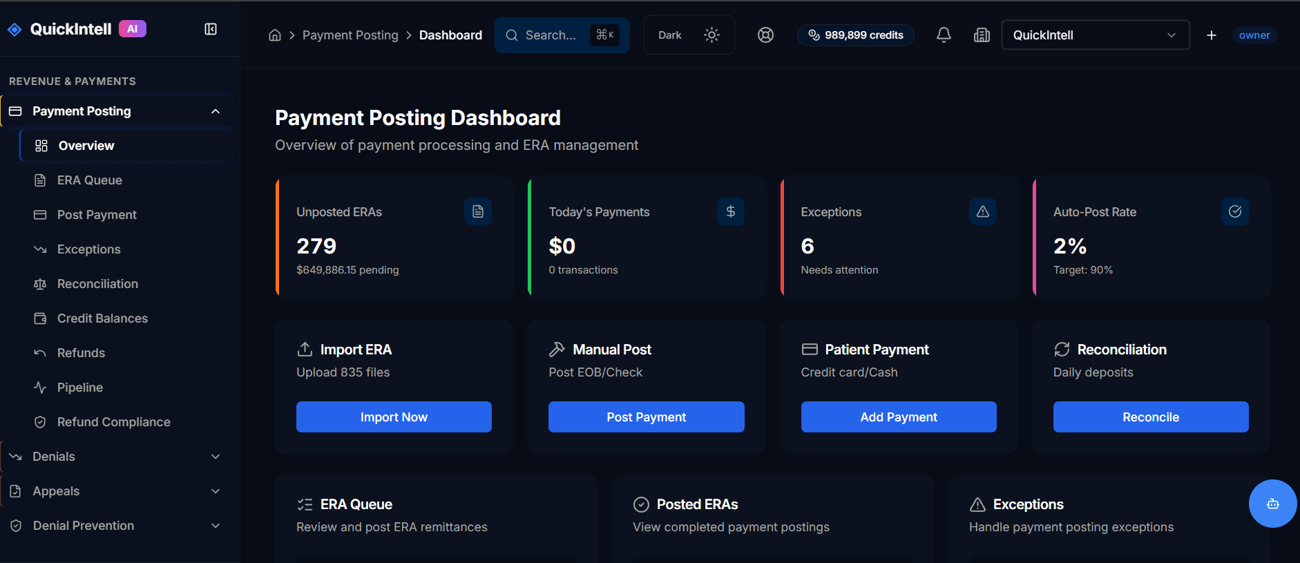 QuickIntell Payment Posting Dashboard QuickIntell automated payment posting dashboard — ERA/EOB ingestion, smart matching, auto-posting, and remittance reconciliation for healthcare revenue cycle teams