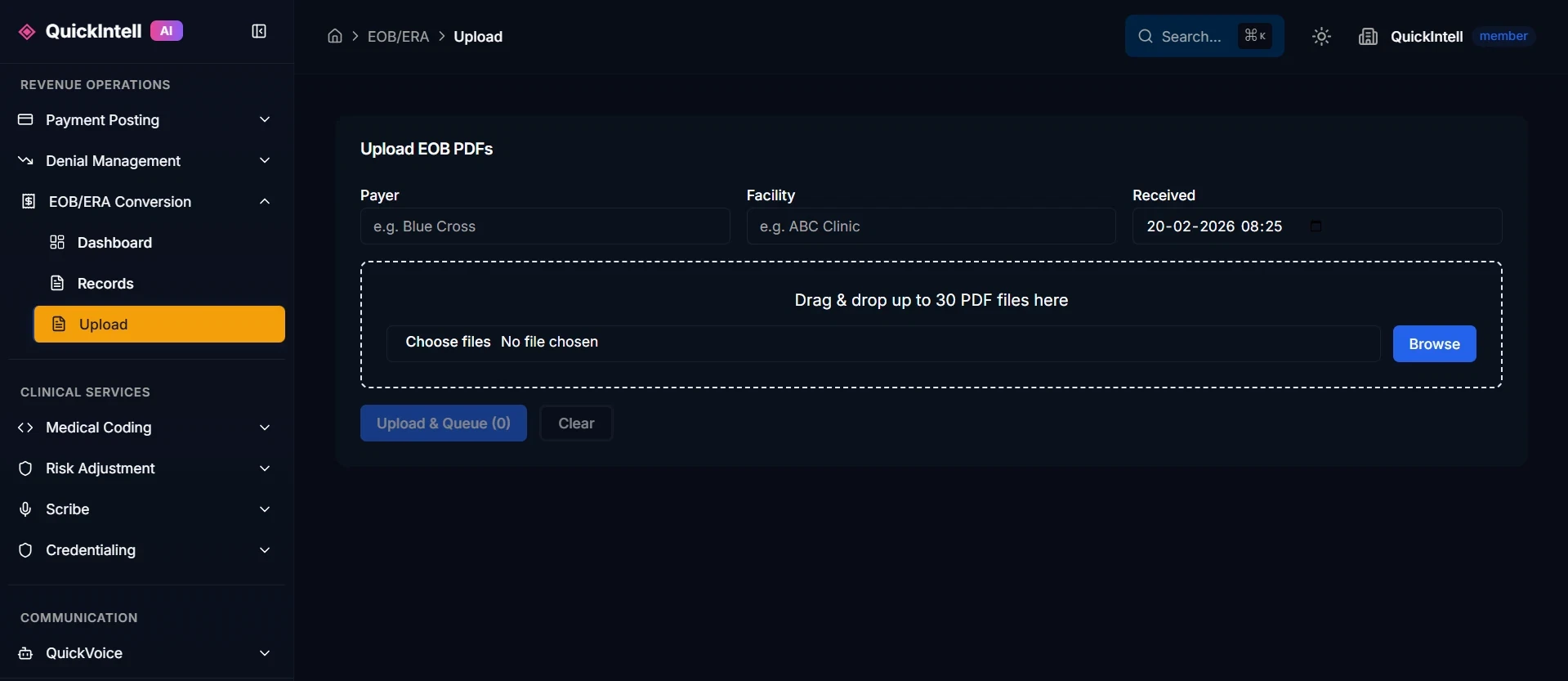 QuickIntell EOB to ERA Conversion Dashboard EOB/ERA upload screen with payer, facility, and received-date fields and a drag-and-drop area for up to 30 EOB PDFs
