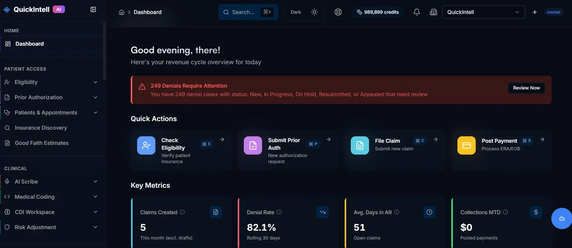 QuickRCM Executive Dashboard for healthcare CFOs showing Days in A/R 39, Denial Rate 4.8%, Clean Claim Rate 96%, First Pass Yield, and Days to Cash trend