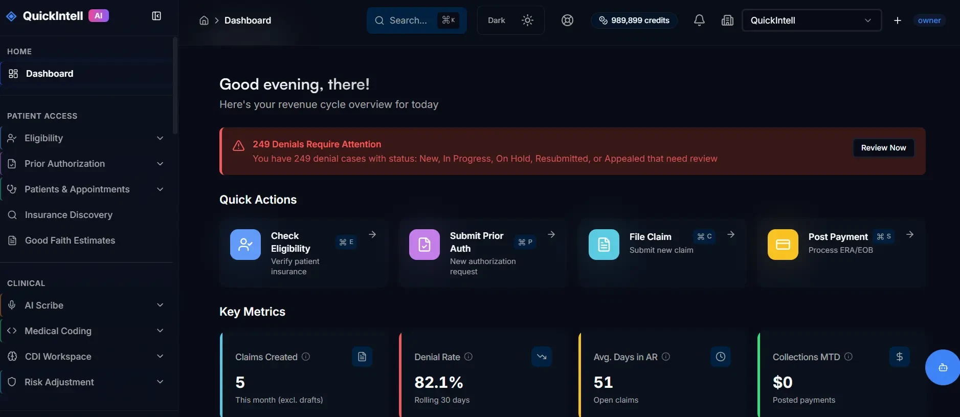 QuickRCM managed revenue cycle dashboard showing AI agent queues, denials, claims, AR, and payment posting