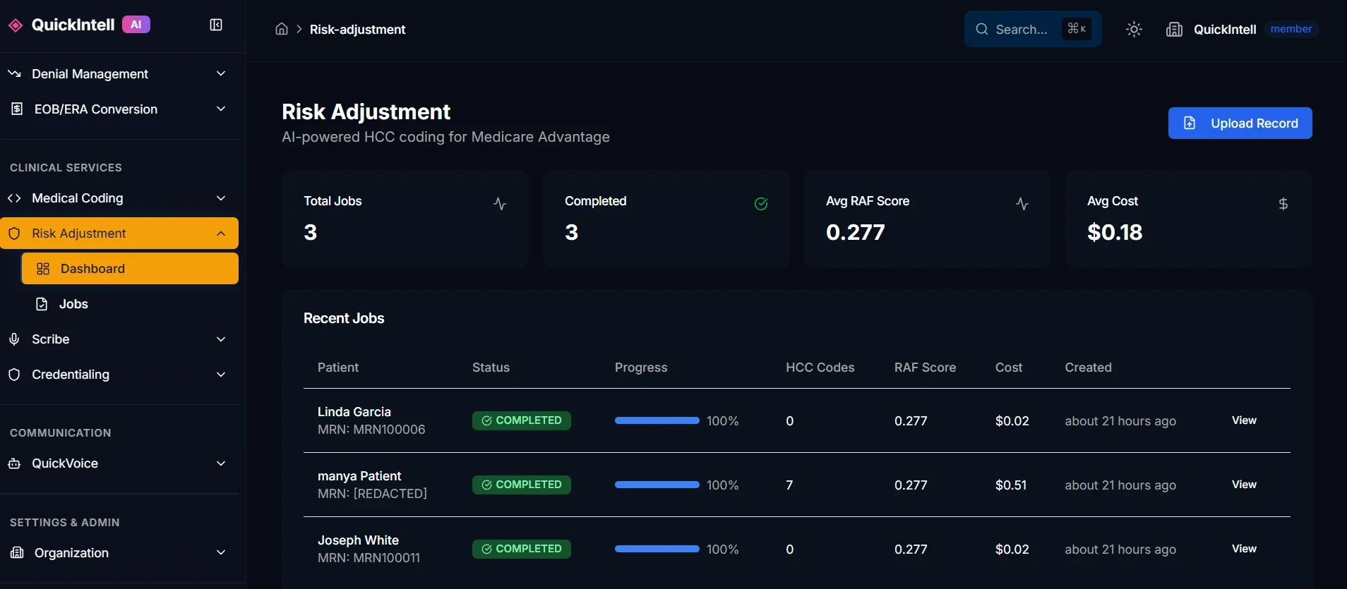 QuickIntell Risk Adjustment for ACOs QuickIntell risk adjustment dashboard showing RAF score, captured HCCs, recapture gaps, and analytics for ACO shared-savings performance