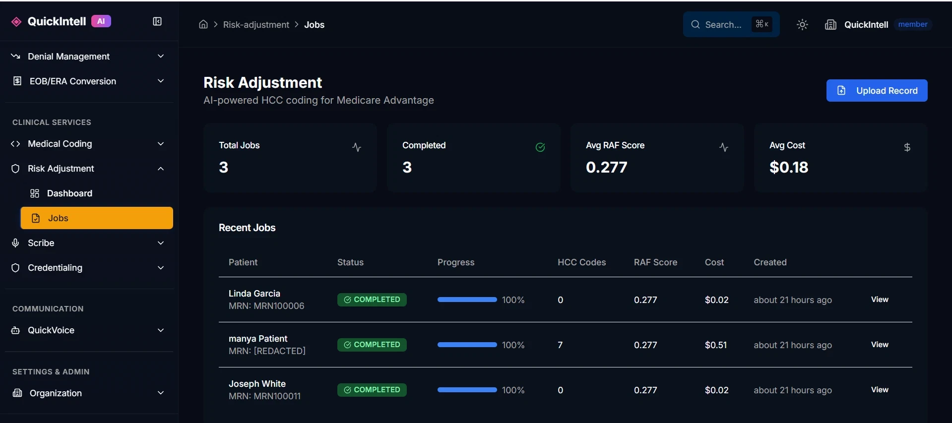 QuickIntell Risk Adjustment Technology QuickIntell risk adjustment technology — batch processing for retrospective chart reviews, HCC coding jobs, and RAF score optimization at scale