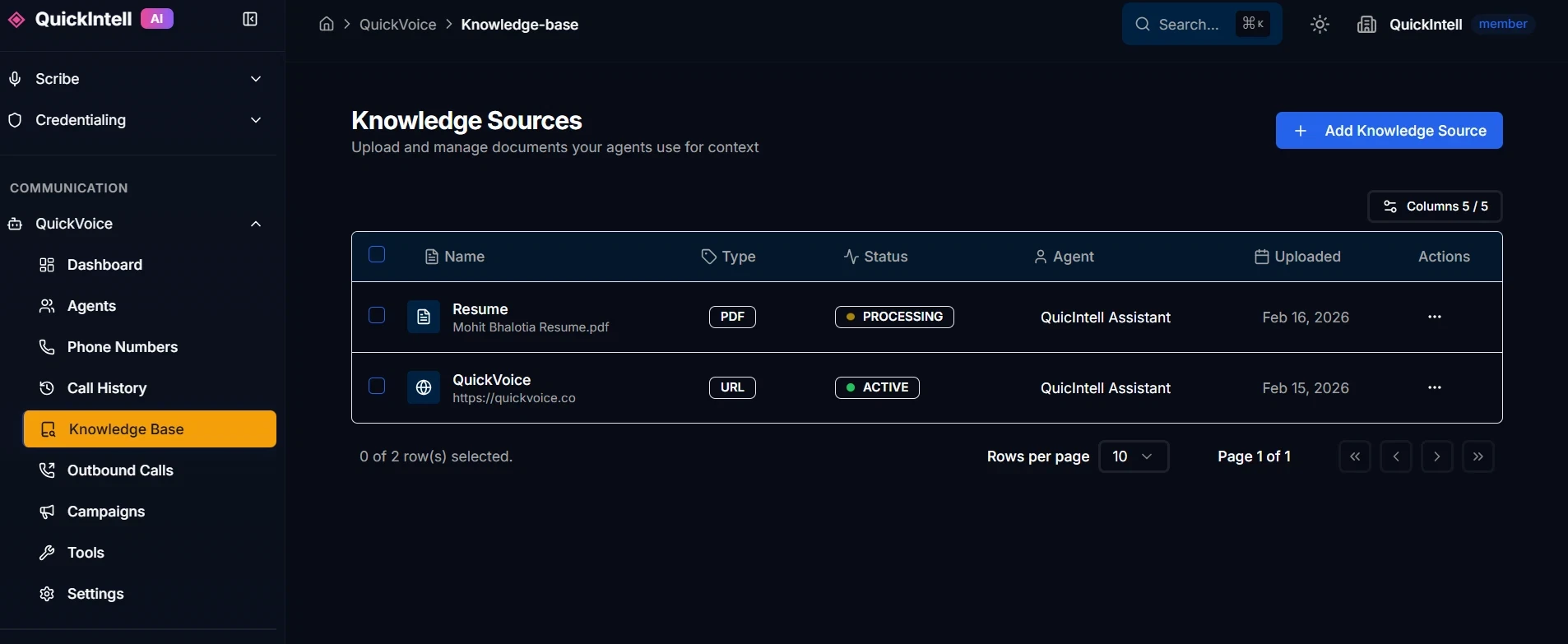 QuickVoice Knowledge Base Configuration QuickVoice knowledge base editor — configure AI voice agent responses, FAQs, and clinical protocols for healthcare phone automation