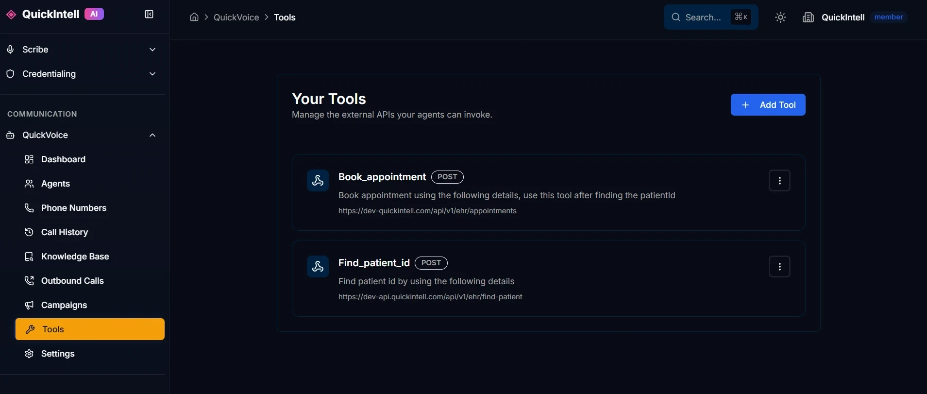 QuickVoice Agent Tools & Integrations QuickVoice agent tools configuration — connect EHR integrations, scheduling APIs, and custom actions for AI healthcare voice agents