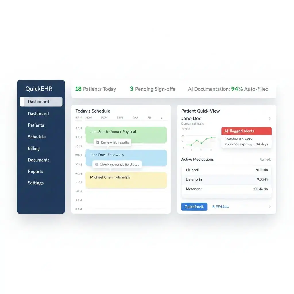 QuickEHR dashboard showing clinical and revenue workflow context around an OpenEMR-based foundation