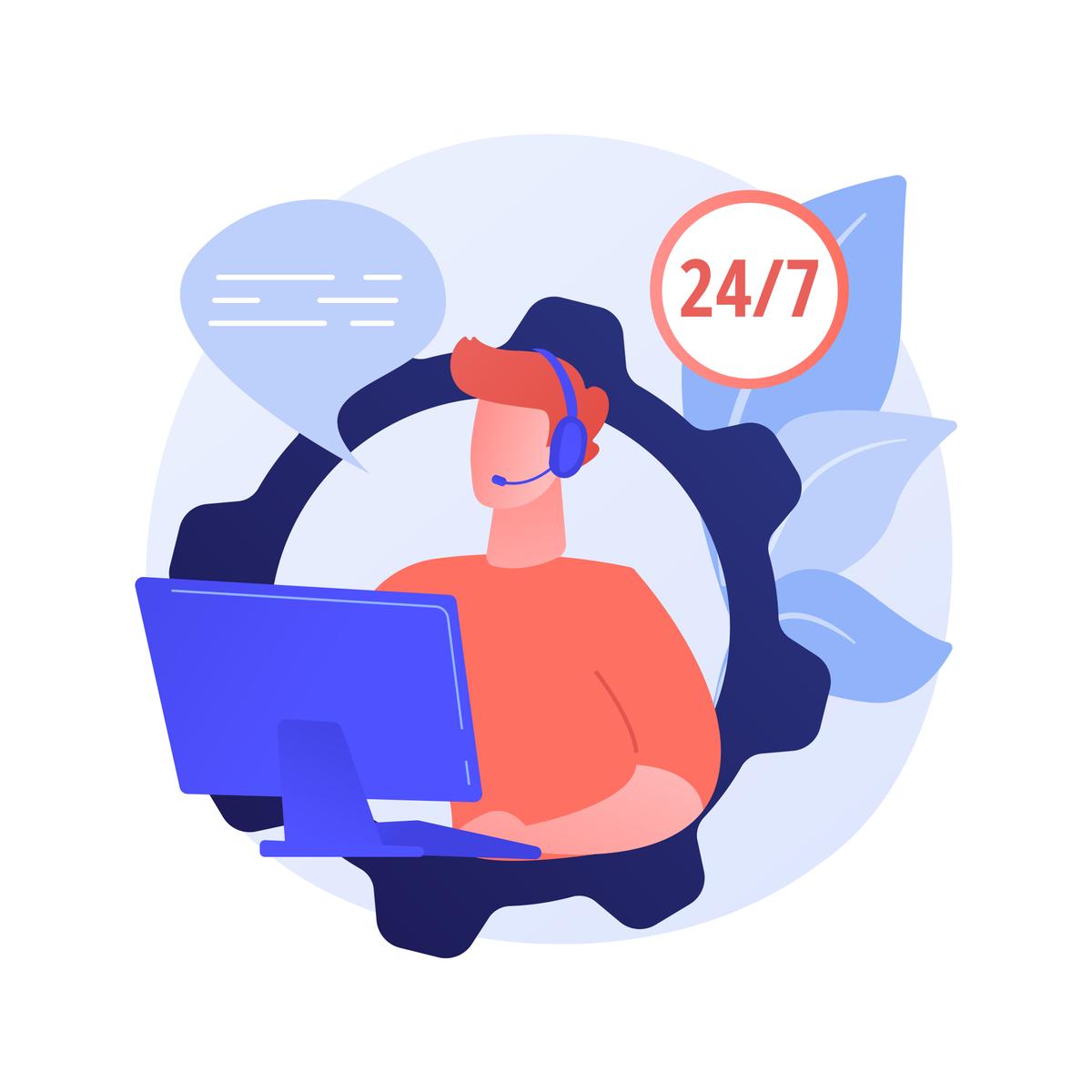 Illustration of a headset support agent providing 24/7 assistance