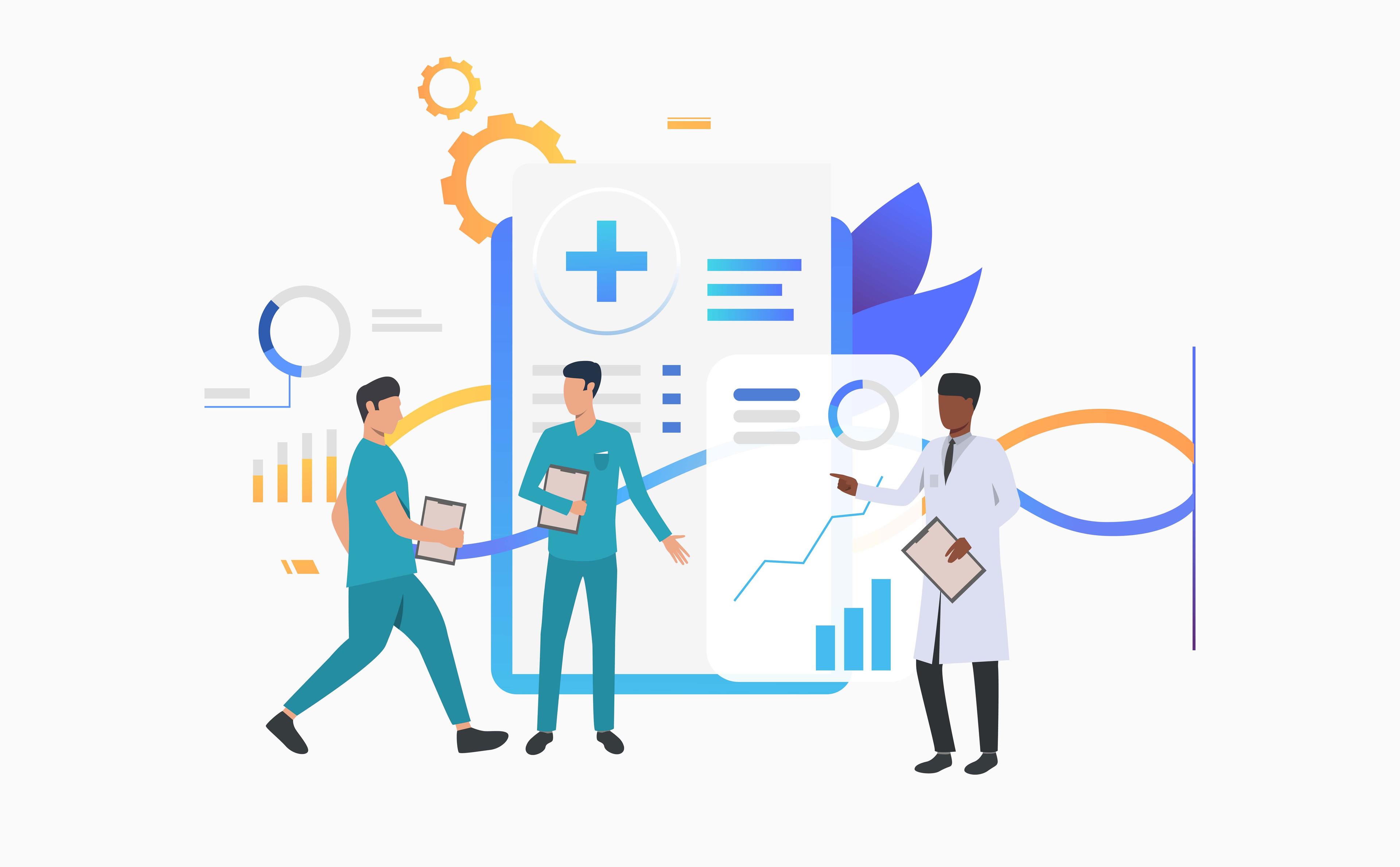 Illustration of clinicians reviewing a digital medical record and healthcare analytics