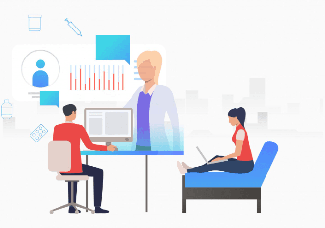 Healthcare team members standing together in a clinical setting illustration