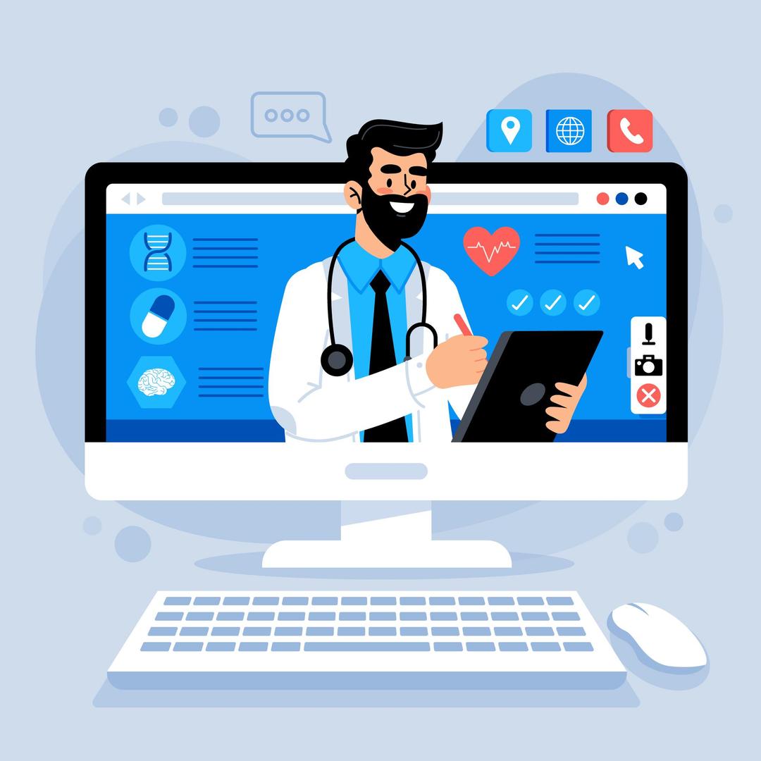 Illustration of a patient using an online doctor workflow on a laptop