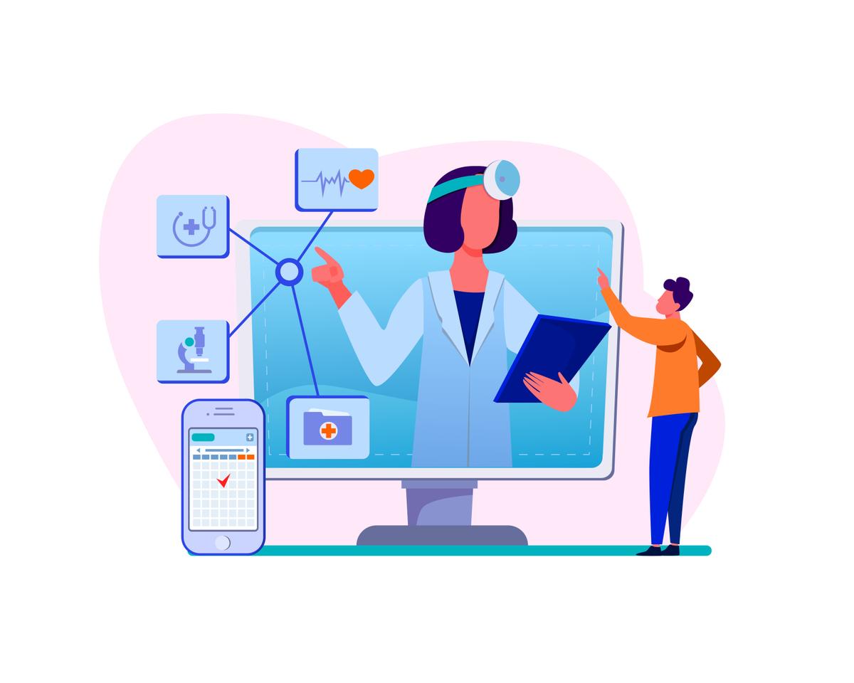 Illustration of a clinician on a telehealth screen with medical icons